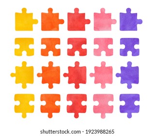 Watercolor illustration set colorful jigsaw puzzle pieaces  Yellow  orange  pink  violet colors  Hand painted watercolour graphic drawing  cut out clipart elements for creative design decoration 
