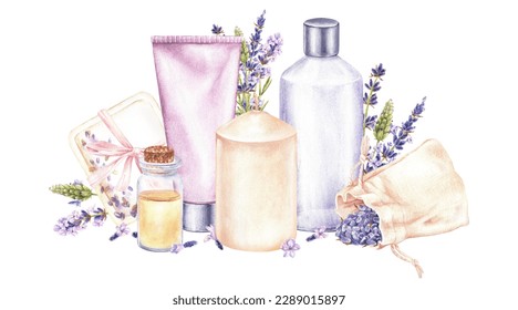 Watercolor illustration. A set of cosmetics with lavender. Shampoo, cream, soap, essential oil, candle. Isolated on a white background. For spa, beauty salons, for creating posters, stickers, cards - Powered by Shutterstock