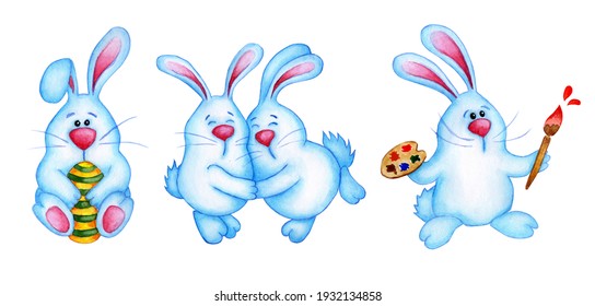 Watercolor illustration set of cute blue Easter bunnies. Hare with an egg, bunnies hugging, rabbit with a palette. Easter, religion, tradition. Isolated on white background. Drawn by hand.