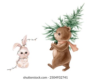 Watercolor illustration set of cute Christmas forest animals: bear and hare. Drawing of bunny and teddy with fir tree in pastel warm and beige colors. Hand drawn illustrations on isolated background. - Powered by Shutterstock