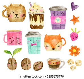 Watercolor illustration    set cute cups   mugs and elements  Cute characters cups  coffee beans  espresso  coffee  tea  chocolate drink 
