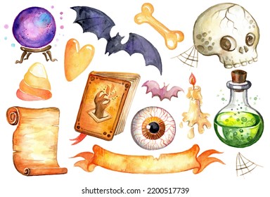 Watercolor illustration set different fantasy Halloween elements witchbook  potion  skull  candle  Halloween Isolated hand drawn painting  For party  posters  design  print  decor  clothes  sticker