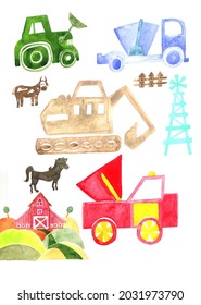 Watercolor Illustration Of A Set Of Flat Children's Drawings Of Tractors,construction Equipment, A Farm, A Wind Tower, Farmer Animals,a Cow, A Horse,farm With Fields