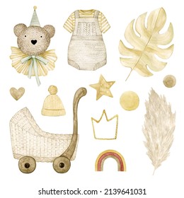 Watercolor illustration set hello baby with bear, toys, star, dots, stroller, dry plants. Isolated on white background. Hand drawn clipart. Perfect for card, postcard, tags, invitation, printing.