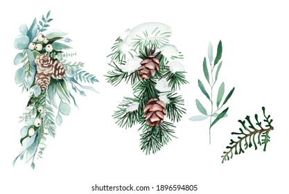 Watercolor illustration.  A set of pictures of winter plants, fir branches, cones, fir, winter bouquet.  Design for cards, paper, weddings, invitations, scrapbooking, textiles, invitations, poster. - Powered by Shutterstock