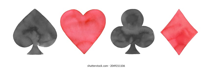 Watercolor illustration set of playing cards suits: spades, hearts, clubs and diamonds. Handdrawn water color red and black drawing on white background, cutout clip art elements for design decoration.