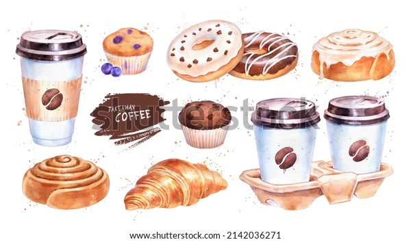 Watercolor illustration\
set of takeaway food, Paper Coffee Cups and baked pastry items on\
white\
background.