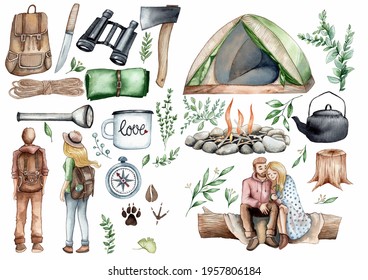 watercolor illustration.  set travel, camping, outdoor recreation, hike.  man and woman, couple in love, bonfire, tent, compass