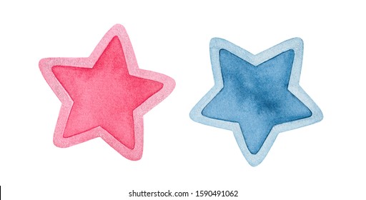 Watercolor Illustration Set Of Two Cute Star Shapes Decorated With Tiny Glitter. Navy Blue And Pastel Pink; Boy And Girl Symbols. Hand Painted Water Color Drawing On White, Isolated Clipart Elements.