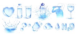 Watercolor Illustration Set Of Water Balance Hydration Concept.