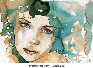 Watercolor Illustration Showing Face Pretty Young Stock Illustration 128102336