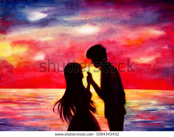 Watercolor illustration of silhouettes of a loving couple at sunset on the sea with a red sky.