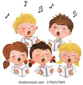 Watercolor Illustration Of Singing Children. Children's Choir. Chorus. Singing.