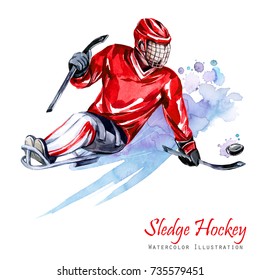 Watercolor Illustration. Sledge Hockey. Disability Snow Sports. Figure Of Disabled Athlete On The Ice With A Puck. Active People. Man. Disability And Social Policy. Social Support. Extreme Games.