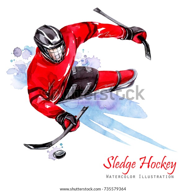 Watercolor illustration. Sledge Hockey. Disability\
snow sports. Figure of disabled athlete on the ice with a puck.\
Active people. Man. Disability and social policy. Social support.\
Extreme\
games.