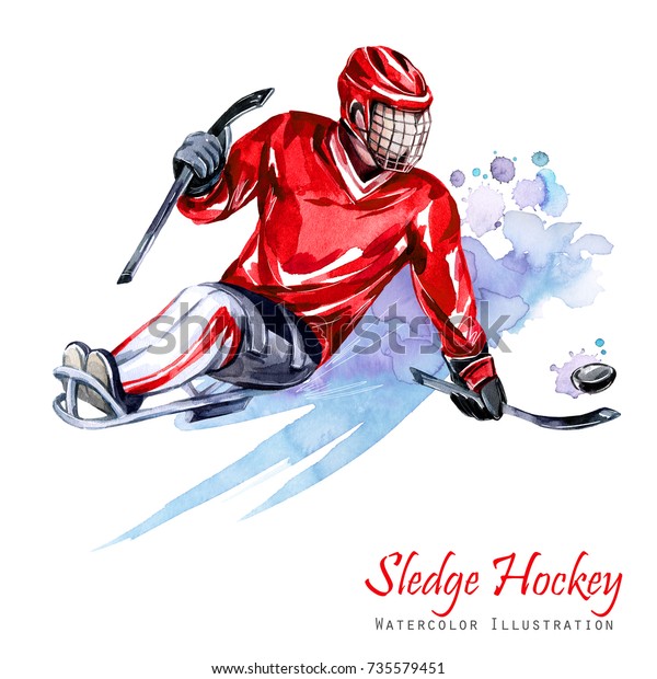 Watercolor illustration. Sledge Hockey. Disability\
snow sports. Figure of disabled athlete on the ice with a puck.\
Active people. Man. Disability and social policy. Social support.\
Extreme\
games.
