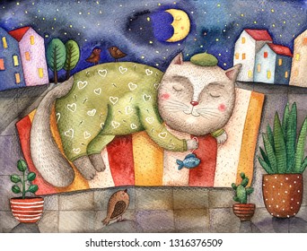 Watercolor Illustration Sleeping Cat Night City Stock Illustration ...