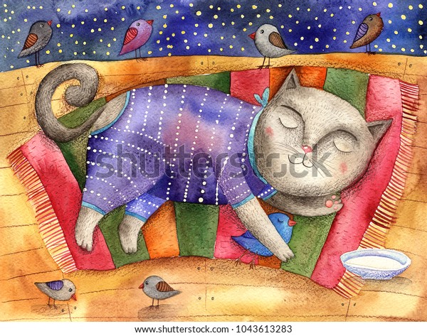 Watercolor Illustration Sleeping Cat Pajamas Stock Illustration ...