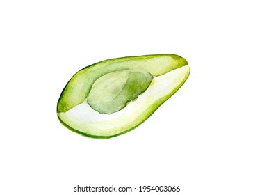 Watercolor illustration of sliced avocado without ossicle. Hand drawn green vegetable, isolated on white