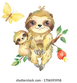 Watercolor illustration of a sloth mom and her cub on a tree. - Powered by Shutterstock