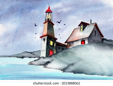 Watercolor illustration of a small island in the sea with a lighthouse and a house with red door