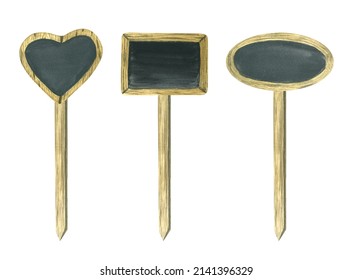 Watercolor illustration of small wooden pointer to indicate the names of domestic plants and flowers. Wooden with a black graphite background on a stick. Rectangle. oval and heart for garden and home - Powered by Shutterstock