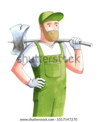 Watercolor illustration. Smiling strong bearded man in green uniform stands and holds the old axe