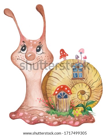 Watercolor illustration with a snail, a house on a snail.