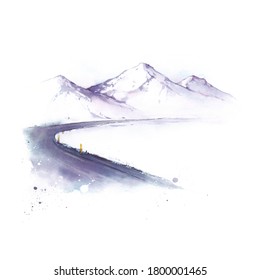 Watercolor illustration snowy mountains   road