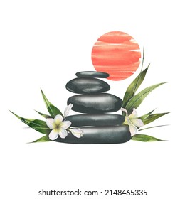Watercolor illustration of spa stones with bamboo leaves and plumeria flowers. Asian red sun. Composition for poster, postcard, invitation, menu, spa salon, oriental.