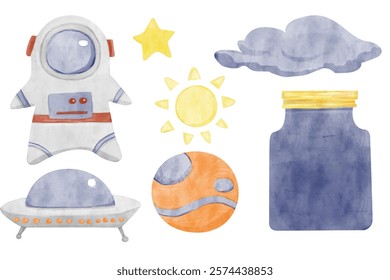 Colección espacial de la ilustración de la acuarela con el astronauta, ovni, estrella pentagonal, sol, nube, tarro con el cielo nocturno, para imprimir, materia textil, postales, Web