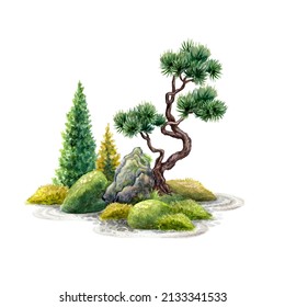 watercolor illustration of spiritual nature landscape. Green trees, bonsai and stones covered with moss. Zen garden decor, greenery clip art, isolated on white background