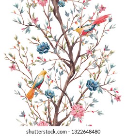 Watercolor illustration of spring flowering tree with birds, pink and blue flowers. seamless vertical pattern