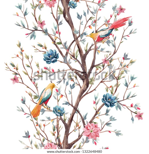 鳥の咲く春の花の水彩イラスト ピンクと青の花 シームレスな縦型パターン のイラスト素材