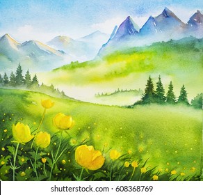 Watercolor Illustration. Spring Landscape.