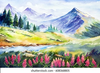 Watercolor Illustration. Spring Landscape.