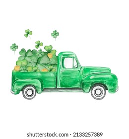 Watercolor Illustration Of St Patricks Day, Green Old Truck Car, With Clover And Coins