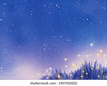 Watercolor Illustration Of Starry Sky And Firefly Light.