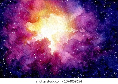 Watercolor Illustration with Starry Sky, Pink Clouds and Bright Shine