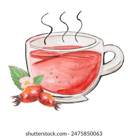 Watercolor illustration of a steaming cup of rose hip tea , relaxing herbal tea with vitamins - Powered by Shutterstock