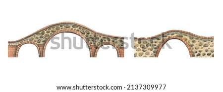Watercolor illustration of stone bridges in the old town. Two ancient bridges made of stone and brick in the European style. For decoration, design, postcards, prints, wallpaper.