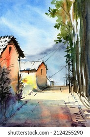 Watercolor Illustration Of A Street Of An Indian Town Or Village With Thatched Roof Houses And Trees On The Side Of The Road