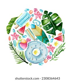 Watercolor illustration. Summer vacation, logo. Tropical leaves, surfboard, watermelon, shells, stones, ice cream, flowers, inflatable donut on a white background. Surfing, summer, beach - Powered by Shutterstock