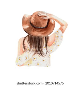 Watercolor illustration of sunbathing girl in beach hat in blouse. Beach T-shirt print. For fashion poster, travel design, postcards, pool party invitations, stickers, fashion magazines, stationery  - Powered by Shutterstock