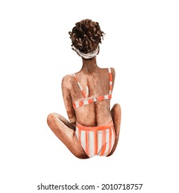 Watercolor illustration of sunbathing girl on beach striped swimsuit. Beach T-shirt print. For fashion poster, travel design, postcards, pool party invitations, stickers, fashion magazine, stationery  - Powered by Shutterstock