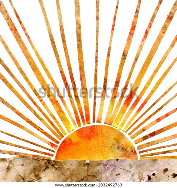 Watercolor Illustration Sunset Orange Sun Sunrays Stock Illustration ...