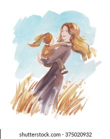 Watercolor illustration super mother with child in field