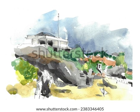 watercolor illustration of surfers and bathers on the sandy beach of a tropical island