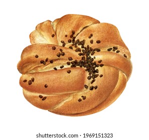 Watercolor Illustration Of A Sweet Bun With Vanilla And Chocolate Chunks.