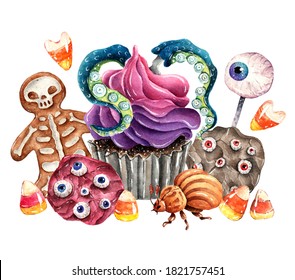 Watercolor Illustration. Sweet Halloween. Cupcake, Gingerbread Cookie, Chocolate Chip Cookies, Candy Corn, Cake Pop. Handmade, Postcard, Print On T-shirt